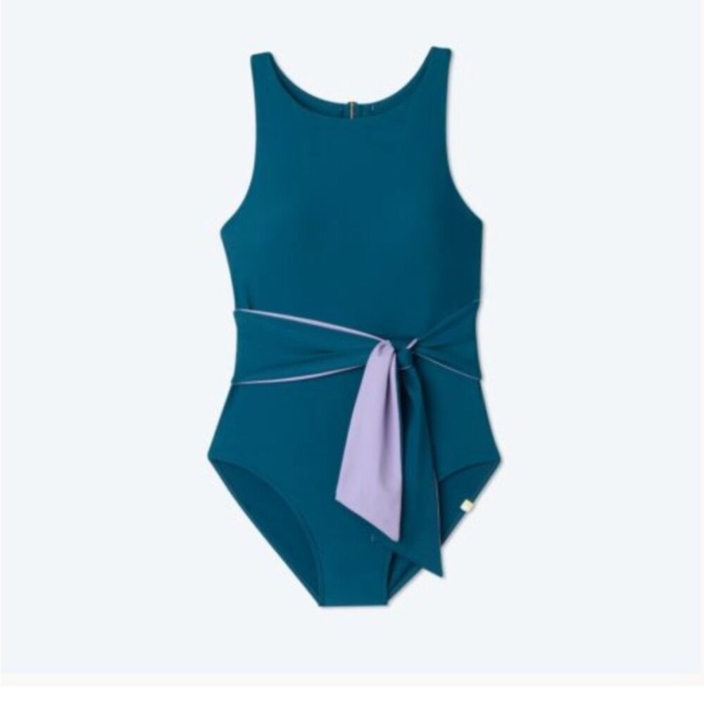 summersalt Teal One-Piece Swimsuit with Lavender Tie